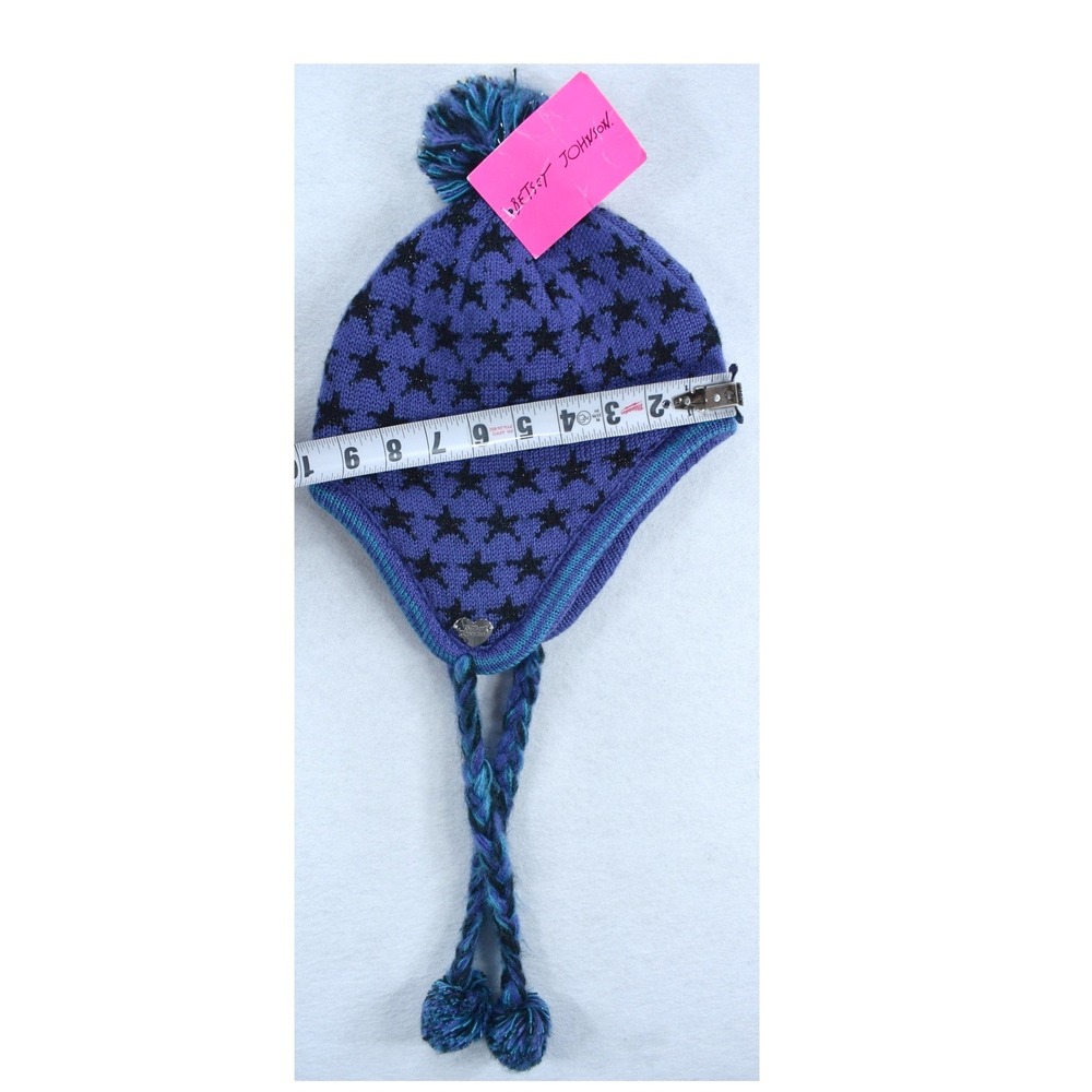 Betsey Johnson Purple Star Knit Trapper Hat Pom Pom Beanie Earflap Tassel New - Picture 6 of 6